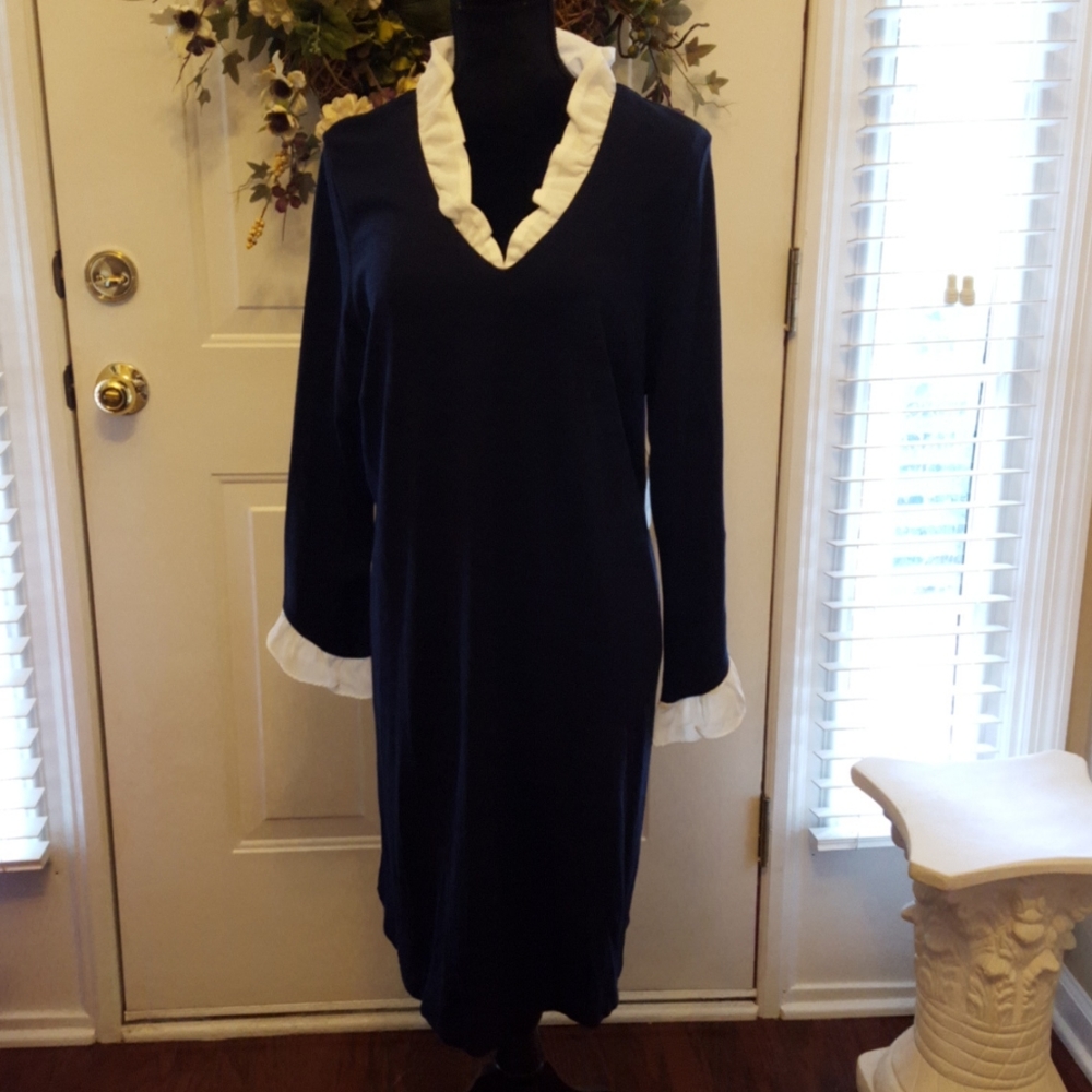 Crown & Ivy navy blue white ruffle trim long sleeve dress stretch New sz XL New…